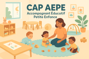 Illustration d’une crèche moderne avec un CAP Accompagnant Éducatif Petite Enfance entouré d’enfants