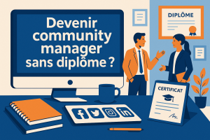 illustration bureau pour devenir community manager sans diplôme avec réseaux sociaux et certificats