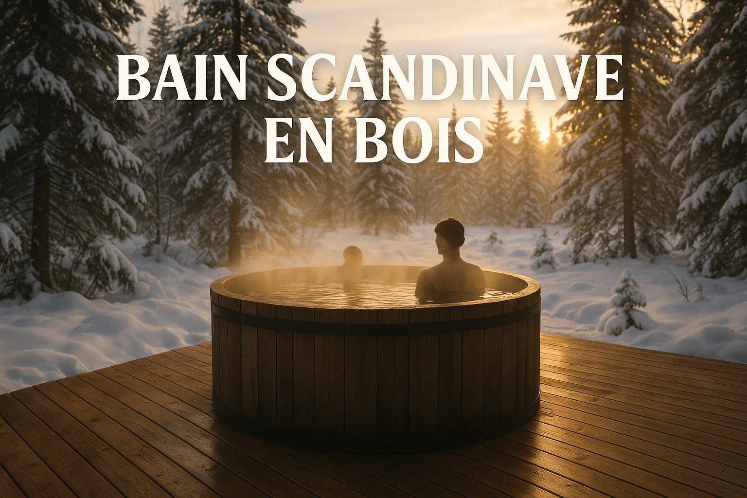 Bain Scandinave Skadi en bois sur terrasse enneigée