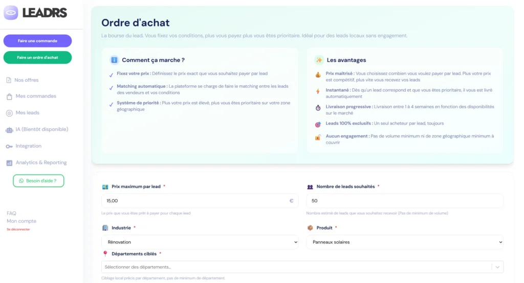 faire un ordre d'achat leadrs co