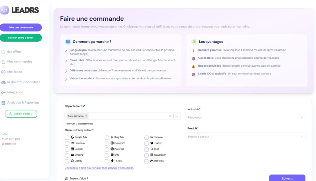 faire une commande leadrs co