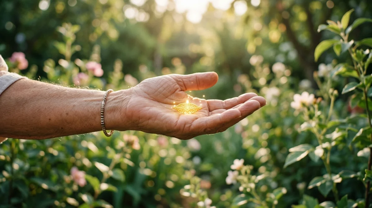 Main recevant une offrande dorée, symbole de bénédiction dans un jardin paisible.