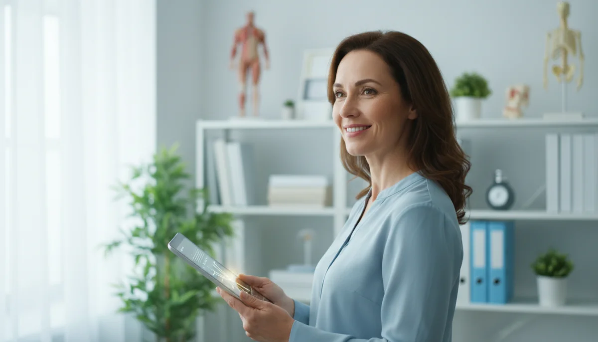 Femme de 40 ans déterminée, projet professionnel d'ergothérapeute, bureau moderne