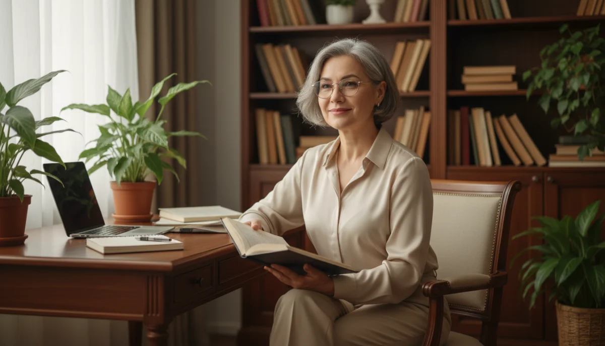 Femme de 50 ans souriante à son bureau, déterminée à devenir psychologue.