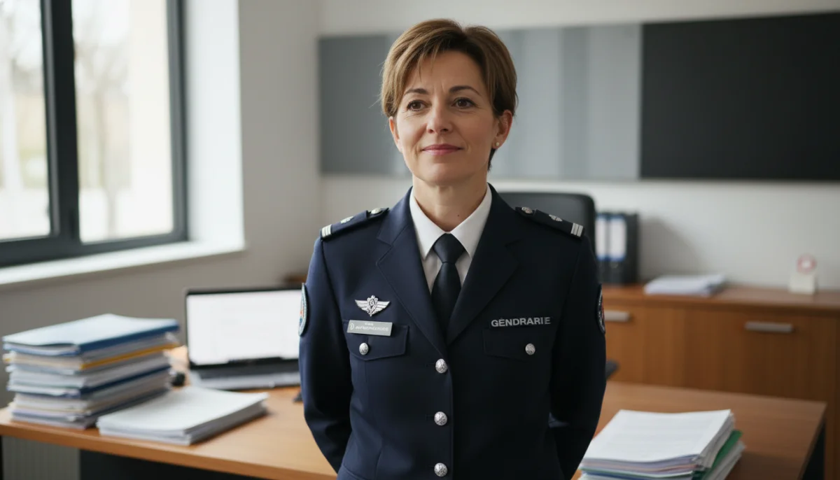 Femme de 40 ans en uniforme de gendarme, symbole de carrière réussie et nouveau départ.