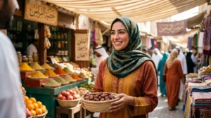 Femme arabe souriante en hijab, recevant un compliment dans un marché animé.