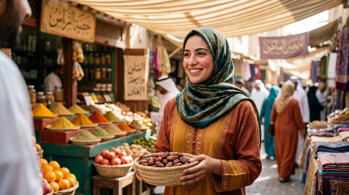 Femme arabe souriante en hijab, recevant un compliment dans un marché animé.