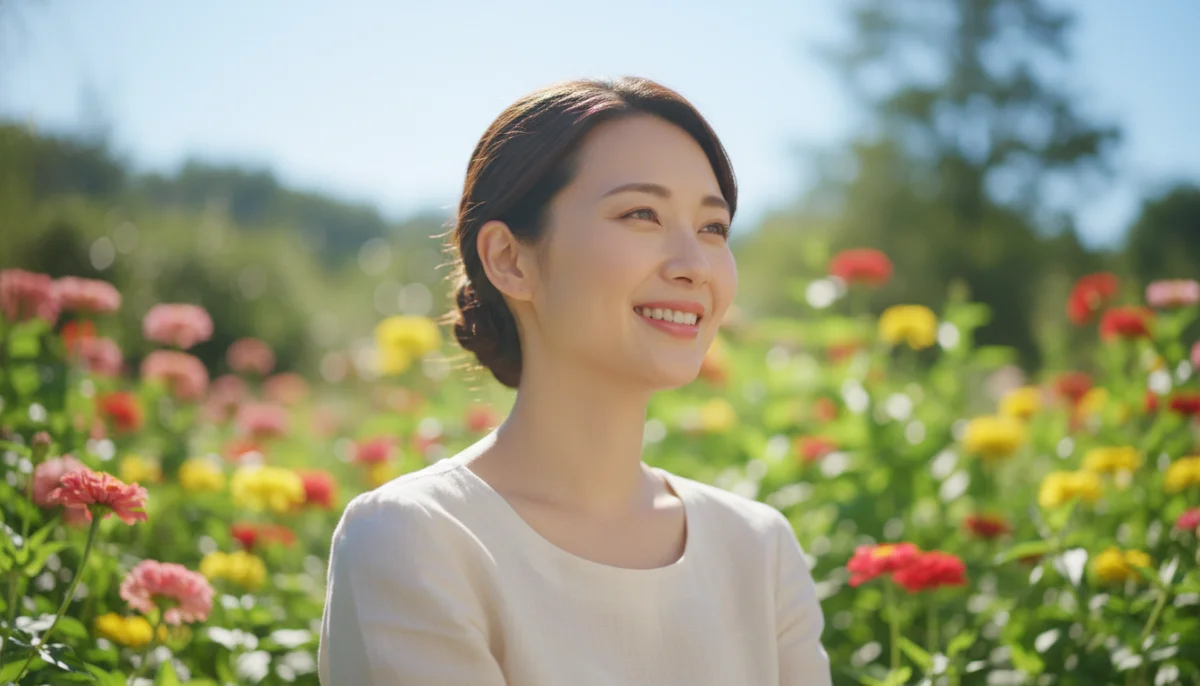 Jeune femme souriante dans un jardin ensoleillé, exprimant gratitude et joie.