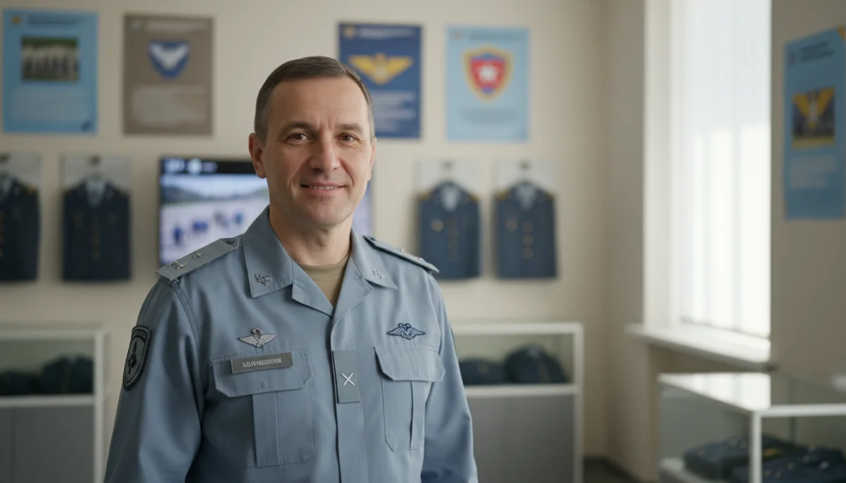 Homme de 40 ans souriant en uniforme militaire dans un centre de recrutement.