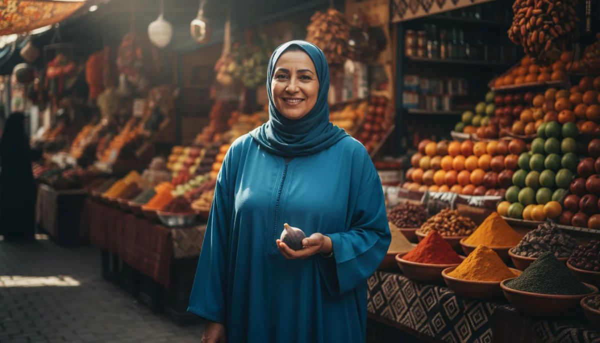 Homme moyen-oriental souriant en djellaba bleue, tenant une figue, marché oriental animé, gratitude.