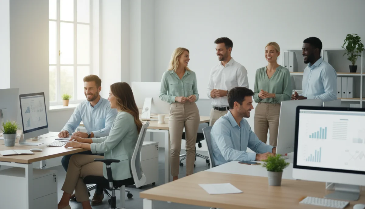 Employés diversifiés et souriants travaillant dans un bureau moderne et lumineux.