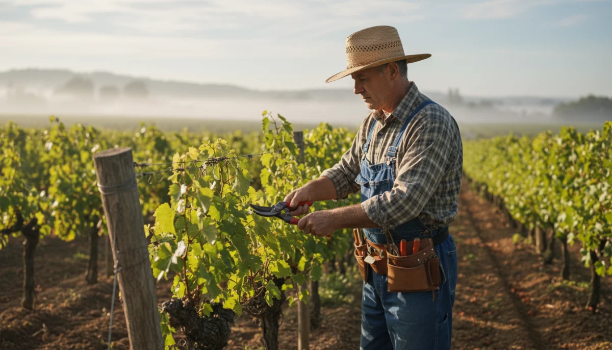 Vigneron taillant la vigne au soleil, travail manuel dans un vignoble verdoyant.