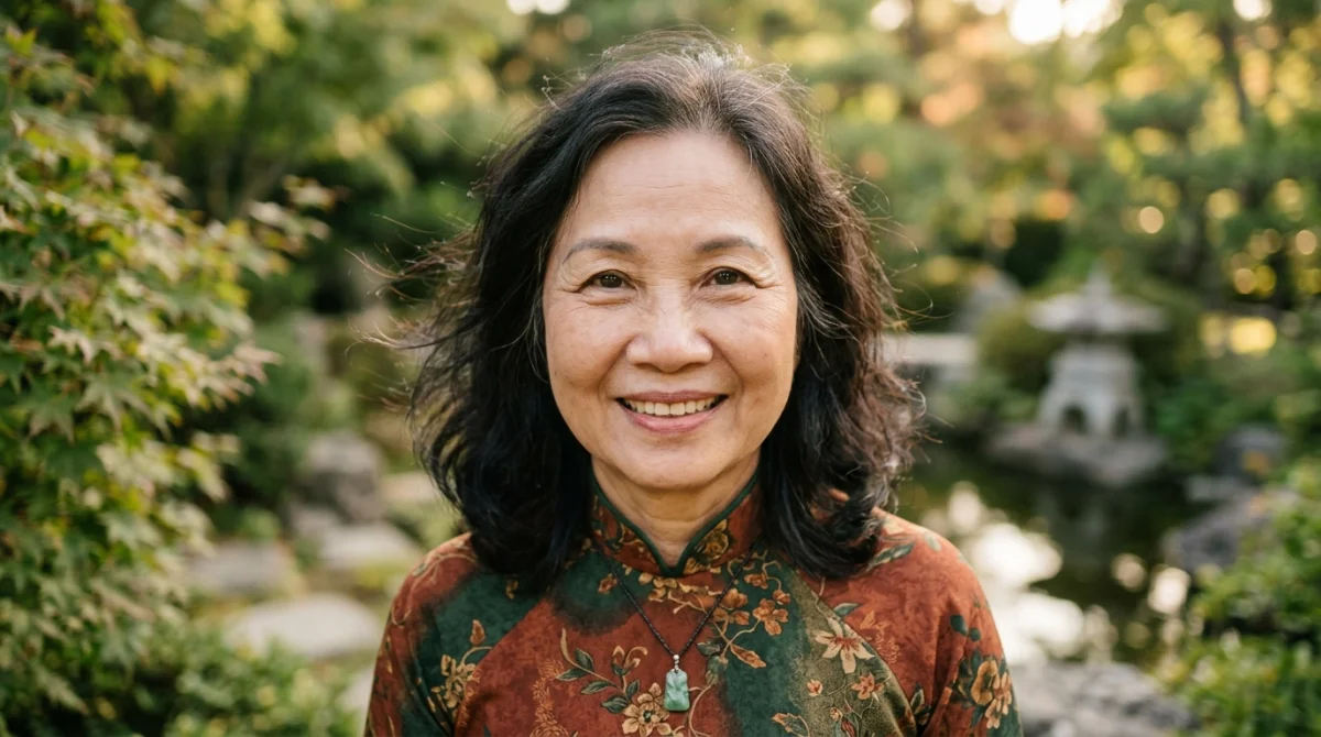 Visage souriant d'une personne asiatique dans un jardin zen, évoquant la bienveillance et l'accueil.