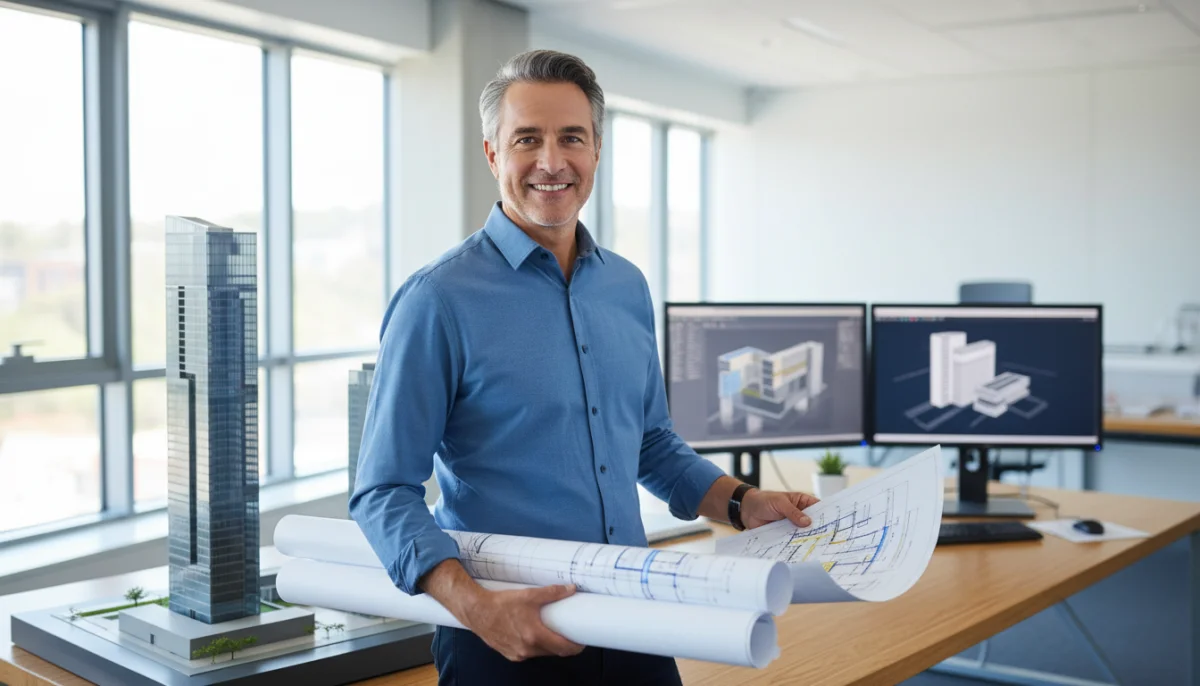 Architecte souriant tenant des plans dans un bureau moderne, illustrant le salaire d'un architecte.