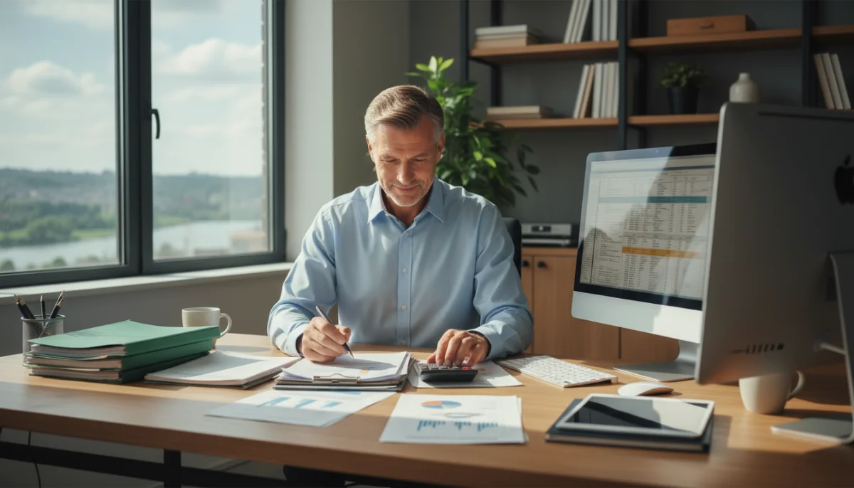 Expert-comptable concentré dans un bureau moderne, analysant des documents financiers.