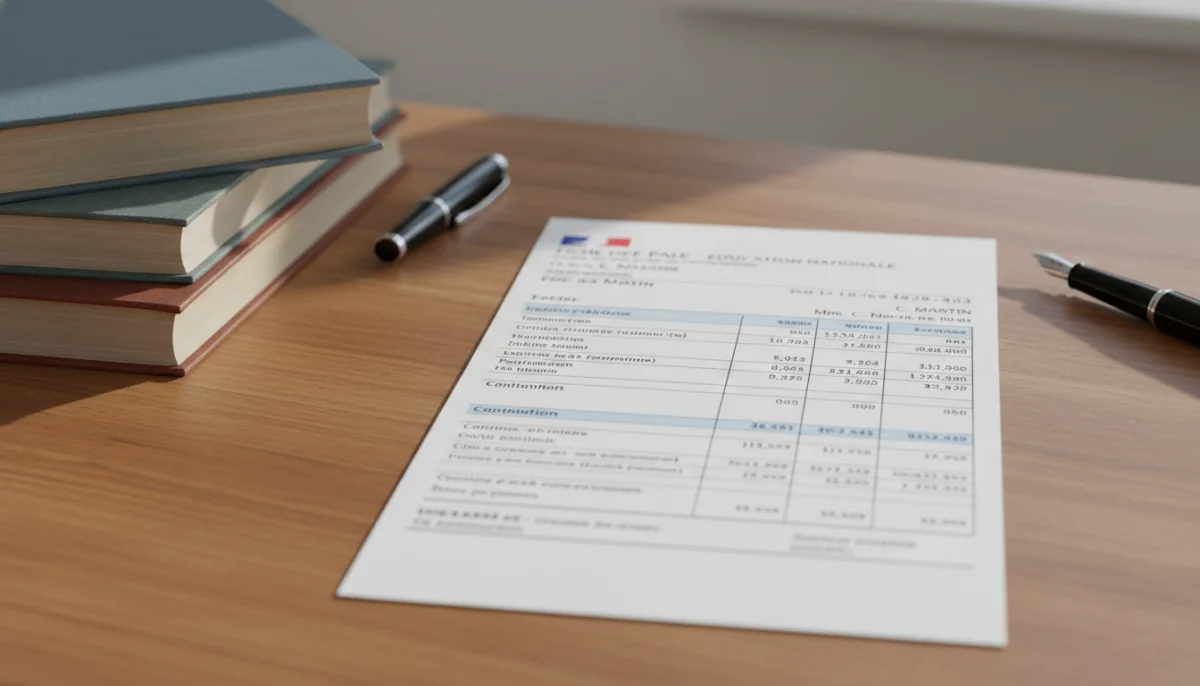 Fiche de paie d'enseignant détaillée sur un bureau en bois, expliquant le salaire enseignant.
