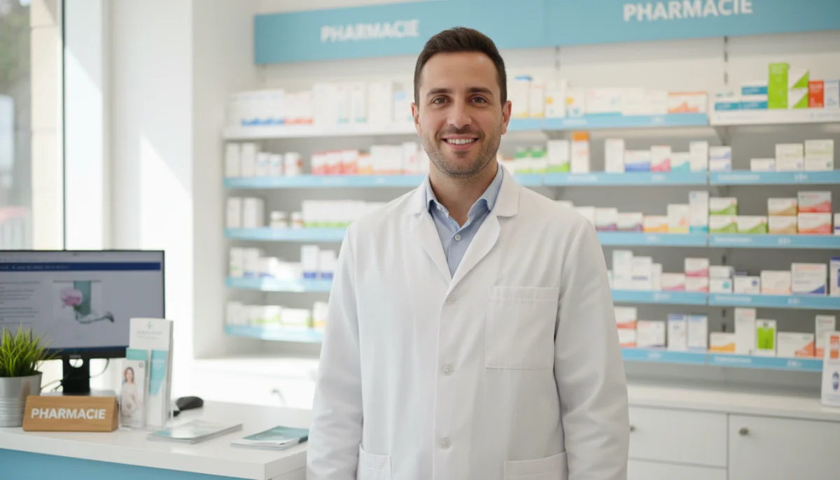 Pharmacien souriant en blouse blanche dans une officine moderne, image illustrative du salaire d'un pharmacien.