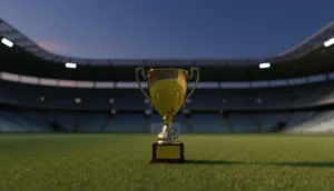 Trophée de la Ligue des champions sur un podium dans un stade vide, symbole de la victoire et des gains.