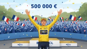 Cycliste victorieux sur le podium du Tour de France, maillot jaune, confettis, célébration.
