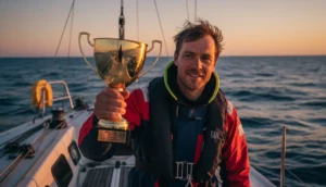 Vainqueur du Vendée Globe souriant avec sa coupe dorée sur un bateau au coucher du soleil