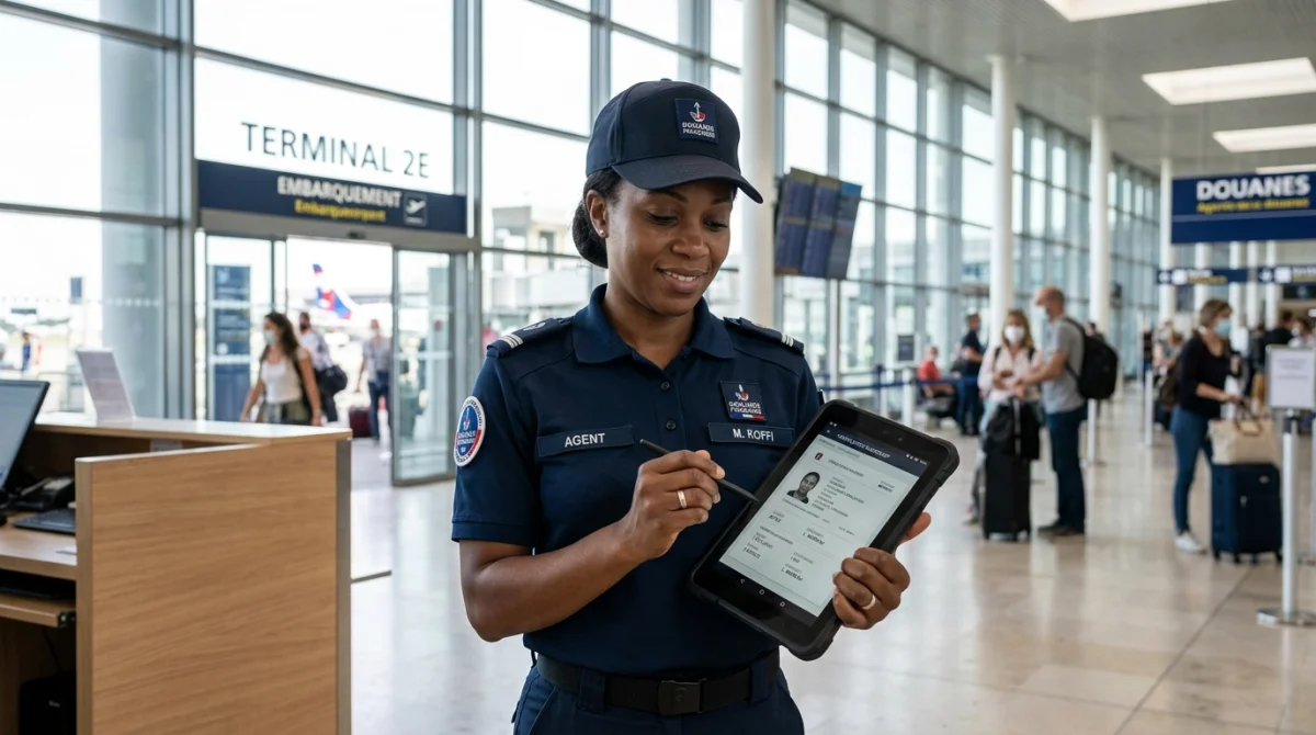Agent des douanes en uniforme utilisant une tablette numérique dans un aéroport moderne pour travailler dans la douane.
