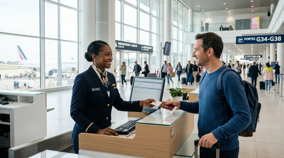Agent d'escale souriant accueillant un passager dans un terminal moderne pour travailler dans les aéroports.