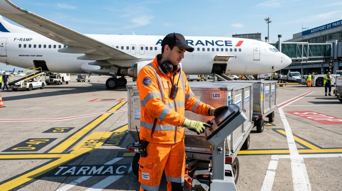 Agent de piste en tenue haute visibilité manipulant un chariot de fret sur le tarmac pour travailler dans les aéroports.