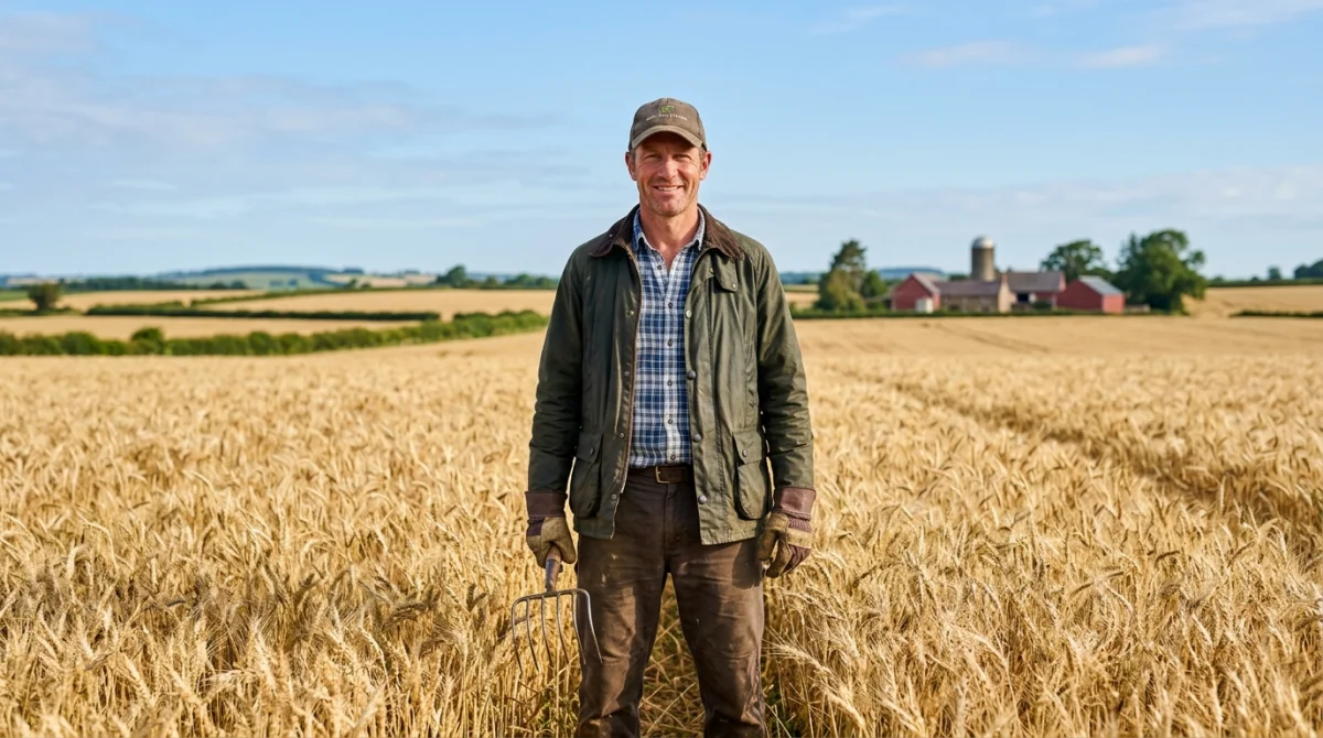 Agriculteur moderne portant des vêtements de travail dans un vaste champ de céréales dorées sous un ciel bleu.