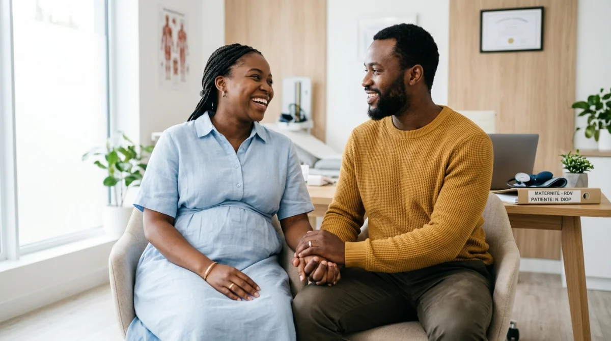 Couple complice et souriant lors d'un rendez-vous médical pour une autorisation d'absence liée à la grossesse du conjoint.