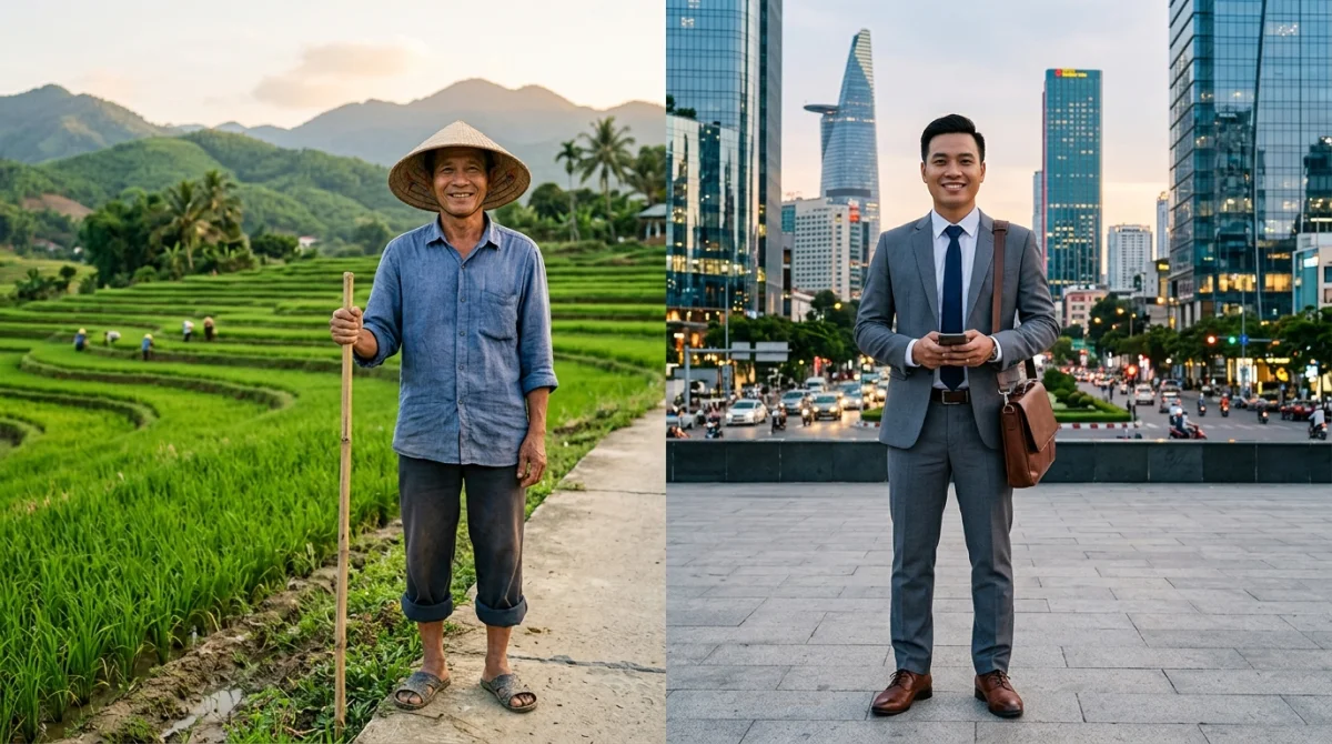Un travailleur de bureau et un agriculteur illustrant le contraste du salaire moyen en Chine moderne.