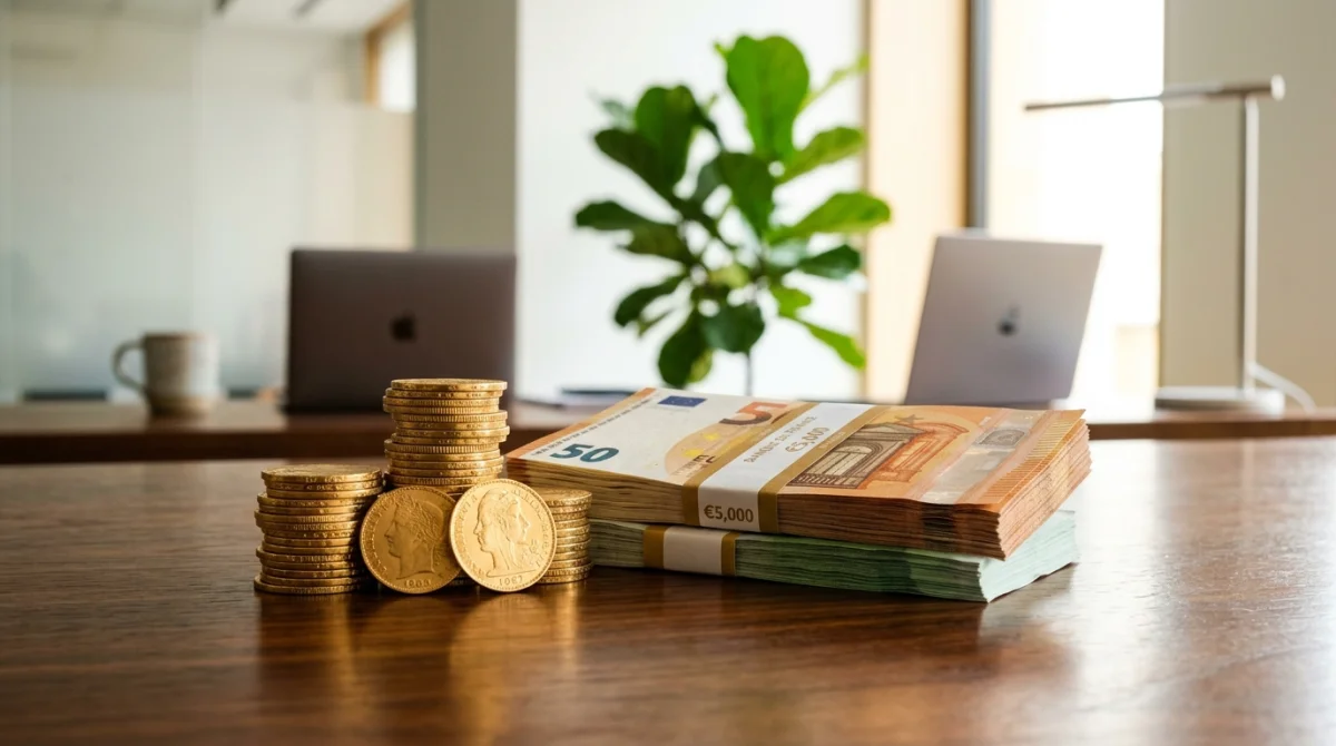 Pile de pièces d'or et billets de banque sur un bureau moderne illustrant combien rapporte 1 million d'euros placé.