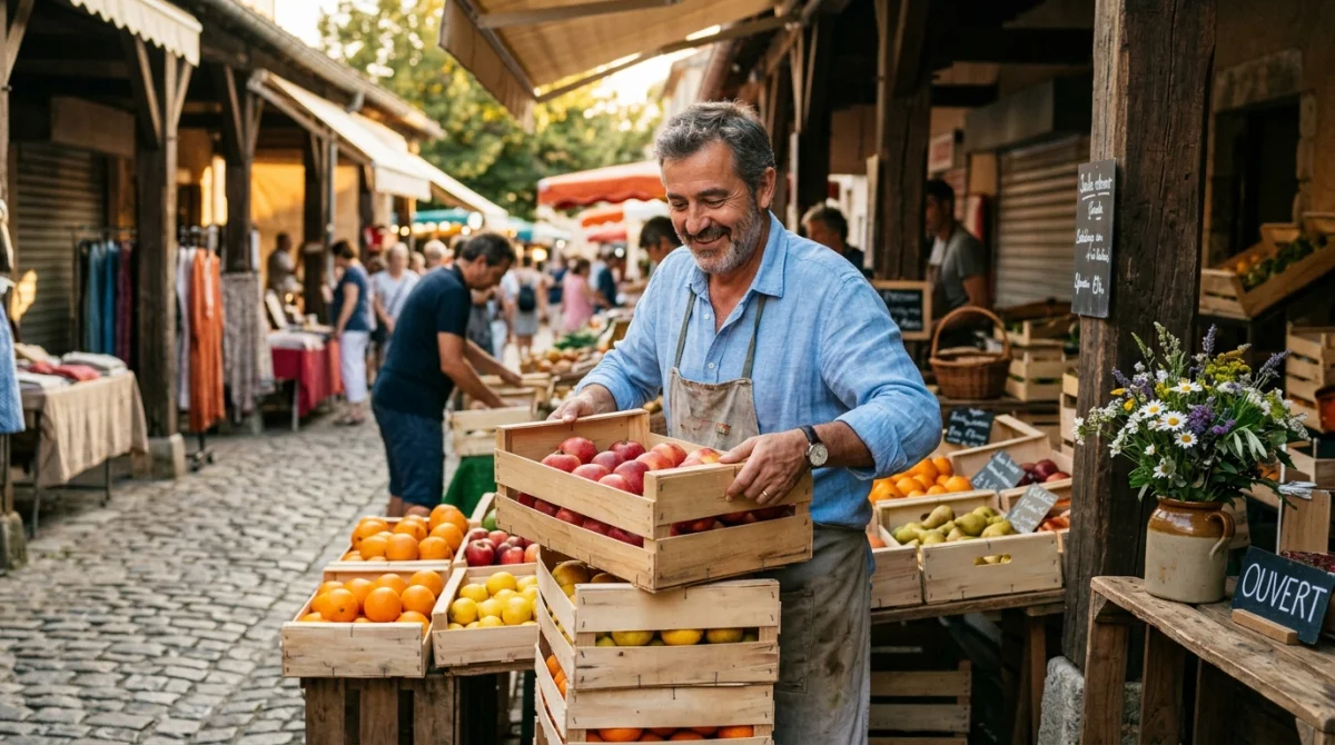 Commerçant souriant rangeant des cageots de fruits frais sur un marché local en fin de journée.
