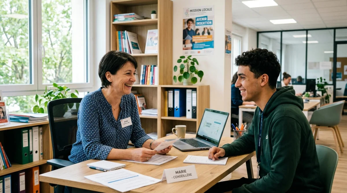 Conseiller bienveillant échangeant avec un jeune adulte dans un bureau moderne pour travailler dans une mission locale.