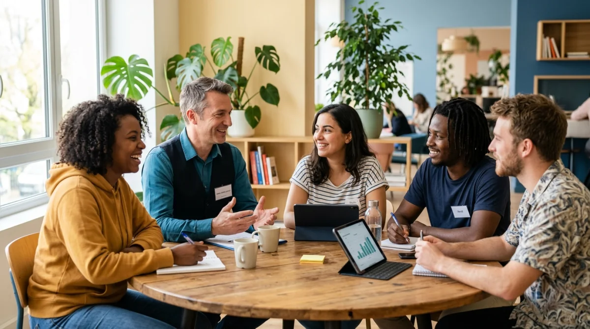 Conseiller souriant échangeant avec des jeunes adultes dans un espace de coworking lumineux pour travailler dans une mission locale.
