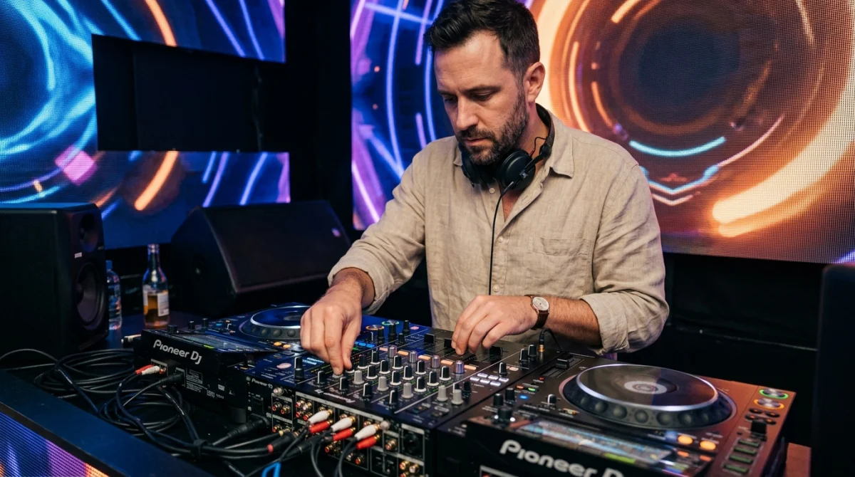 DJ concentré manipulant une table de mixage professionnelle dans une cabine moderne pour travailler dans une boite de nuit.