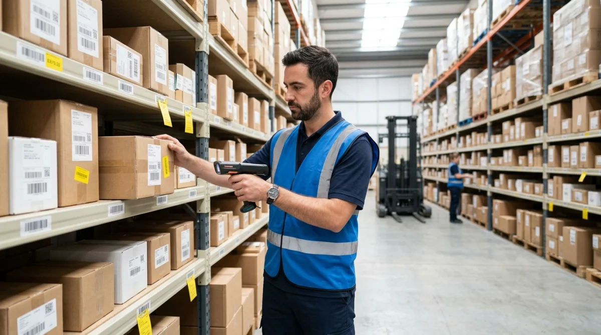 Employé en gilet bleu utilisant un scanner dans un entrepôt moderne pour travailler dans la manutention logistique.
