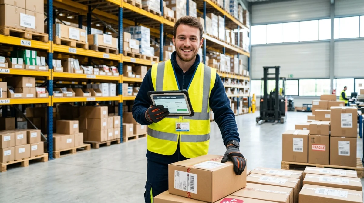 Employé souriant en gilet haute visibilité travaillant dans un entrepôt logistique moderne pour travailler dans la manutention.