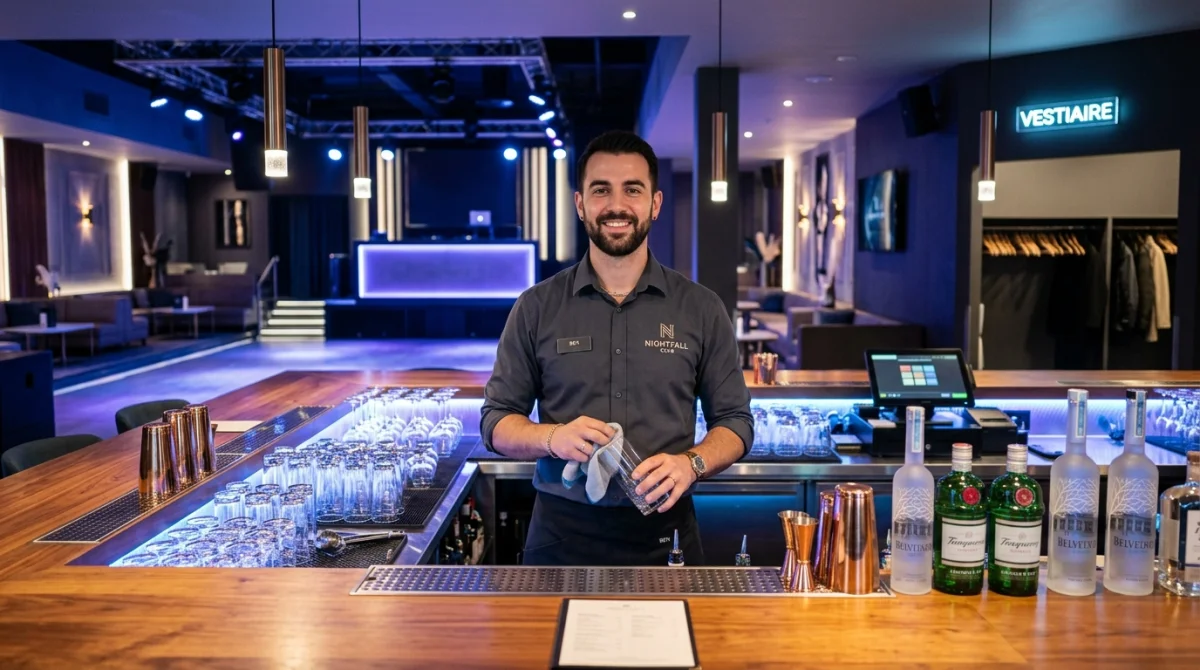 Employé professionnel derrière un bar moderne dans une boîte de nuit élégante avant l'ouverture.