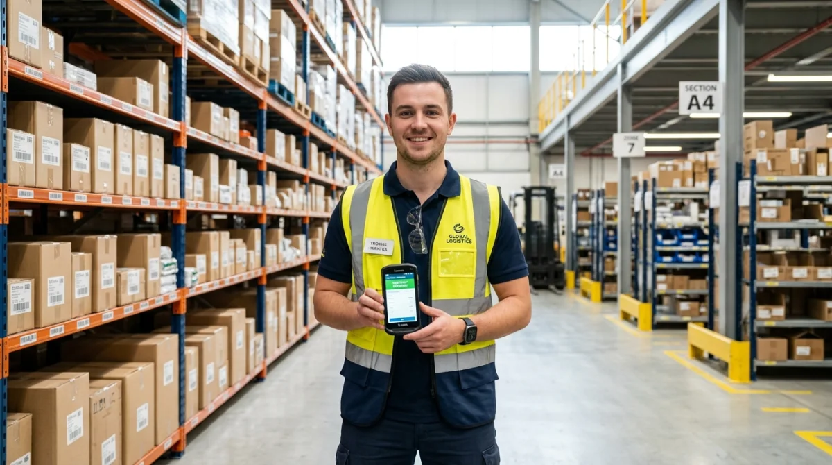 Employé souriant utilisant un scanner numérique dans un entrepôt logistique moderne et bien organisé pour travailler efficacement.