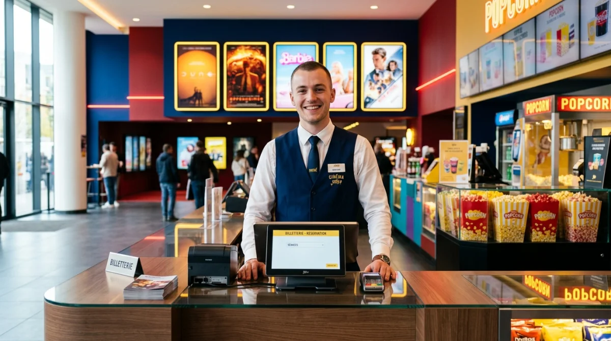Employé de cinéma souriant derrière un comptoir d'accueil moderne dans un hall lumineux pour travailler dans un cinéma.