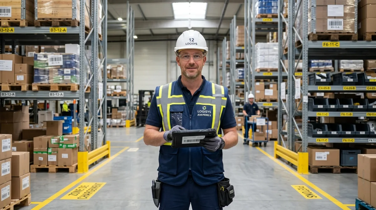 Employé d'entrepôt en équipement de sécurité utilisant une tablette numérique dans un centre logistique moderne et organisé.