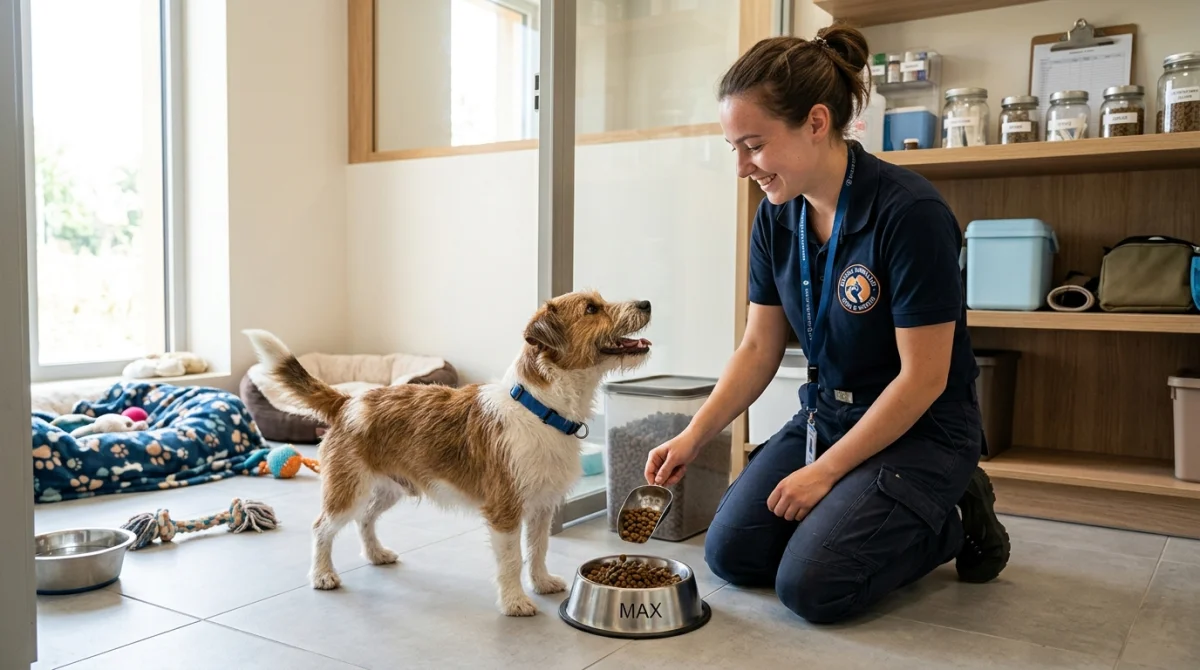 Employé de refuge animalier nourrissant un chien dans un espace de soin professionnel pour travailler dans une SPA.