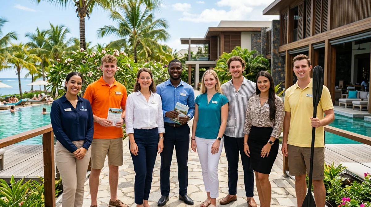 Équipe dynamique et souriante travaillant dans un resort tropical luxueux pour une expérience professionnelle au Club Med.