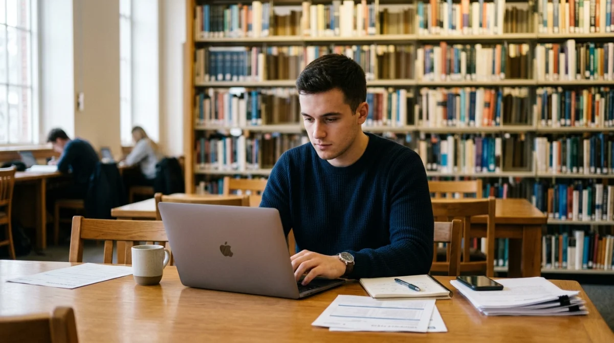 Étudiant concentré travaillant sur ordinateur dans une bibliothèque pour comprendre au bout de combien d'absence la bourse est retirée.