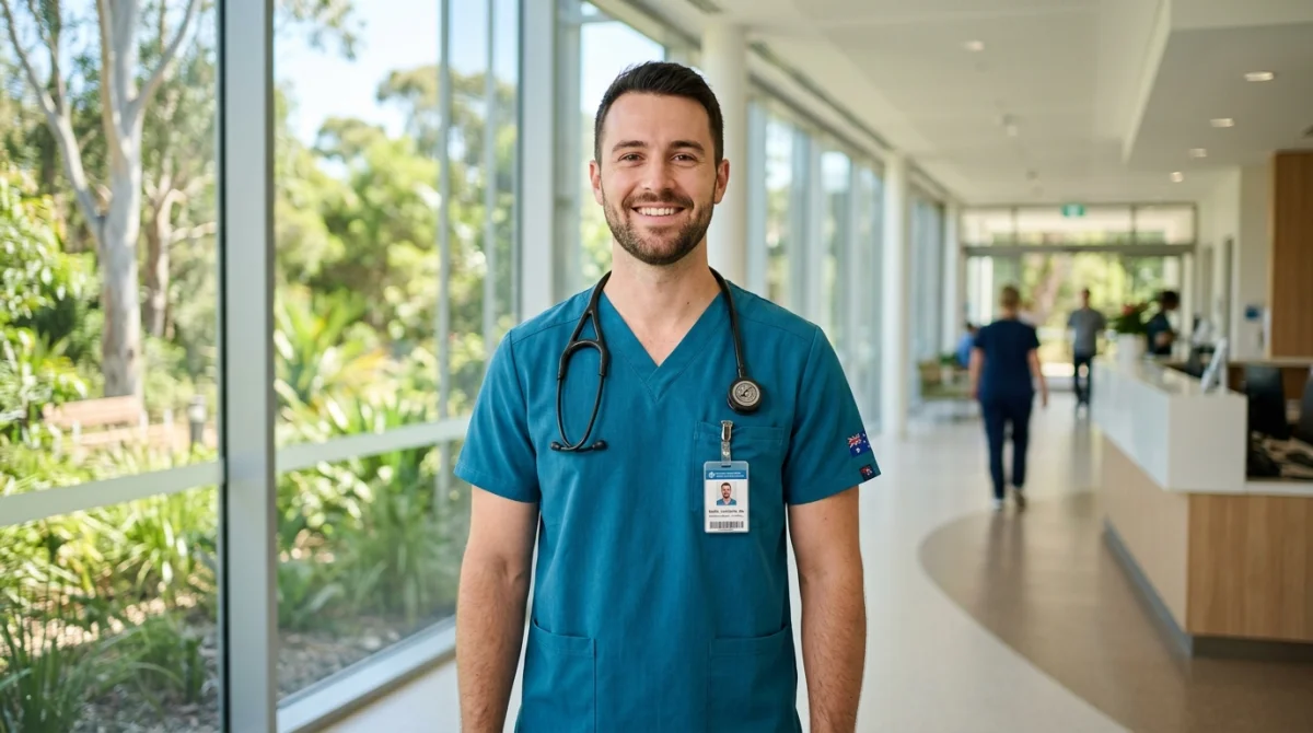 Infirmier souriant en tenue médicale dans un hôpital moderne australien, illustrant le salaire moyen en Australie.
