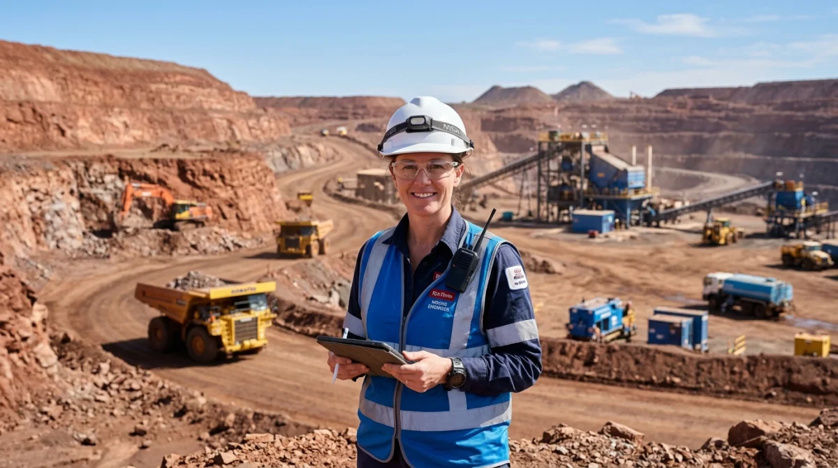 Ingénieur minier professionnel sur un site d'extraction en Australie, illustrant le salaire moyen dans le secteur industriel.