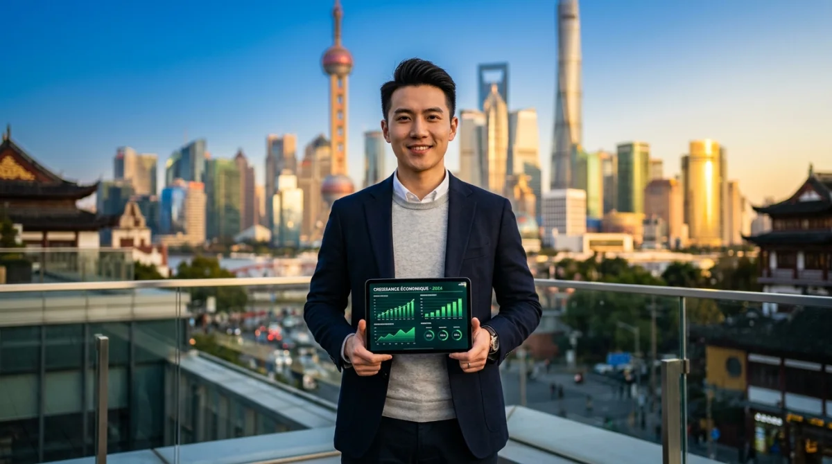 Jeune professionnel chinois tenant une tablette avec des graphiques de croissance devant les gratte-ciels de Shanghai.