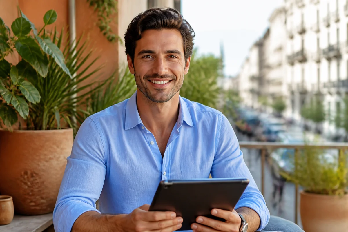 Jeune professionnel souriant sur une terrasse ensoleillée, illustrant le contexte du salaire moyen en Espagne avec sa tablette.