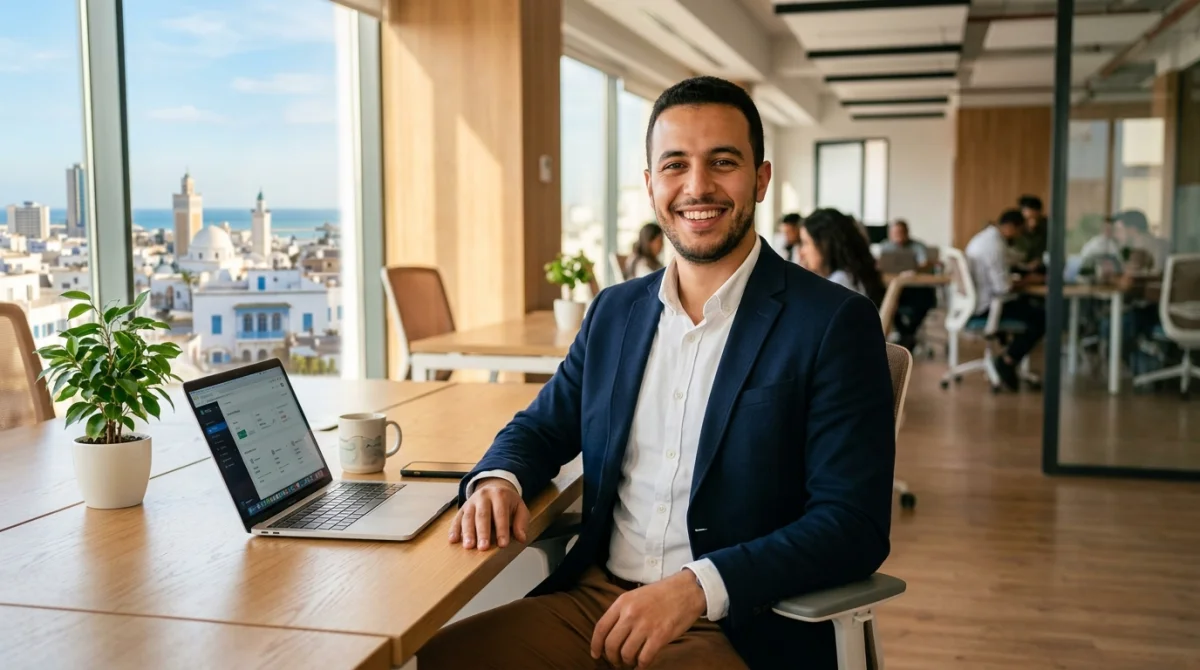 Jeune professionnel tunisien souriant dans un bureau moderne, illustrant le contexte du salaire moyen en Tunisie.
