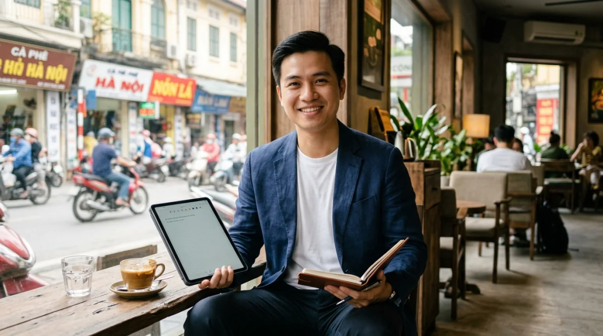 Jeune professionnel vietnamien souriant travaillant dans un café moderne, illustrant le contexte du Vietnam salaire moyen.